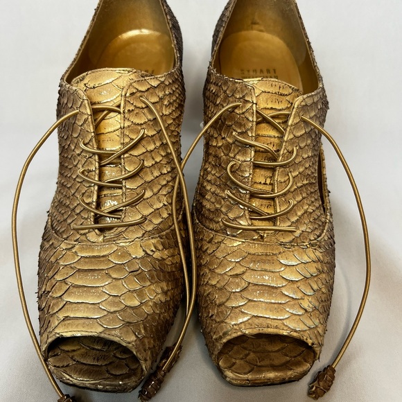 Stuart Weitzman Gold Python Platform Lace Up Heels 8.5 Made Spain - Picture 2 of 13